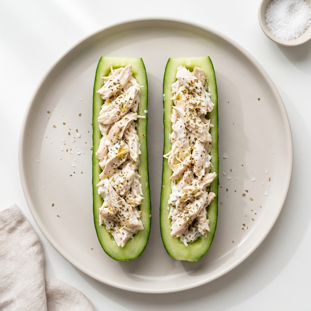 Mediterranean Chicken Salad Cucumber Boats, prepared as a finished Lila recipe