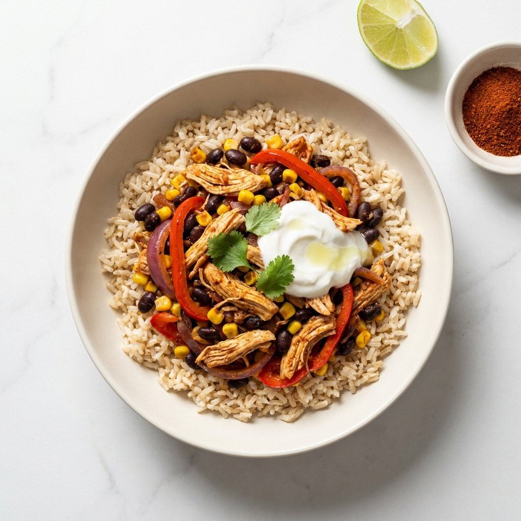 Mexican Shredded Chicken and Rice Bowl, prepared as a finished Lila recipe