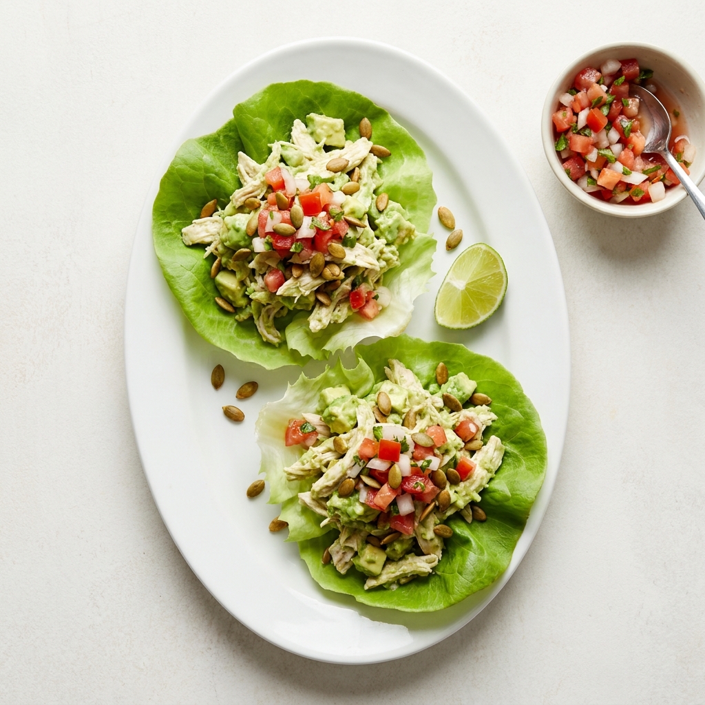 Mexican Lime and Avocado Chicken Lettuce Boats, prepared as a finished Lila recipe