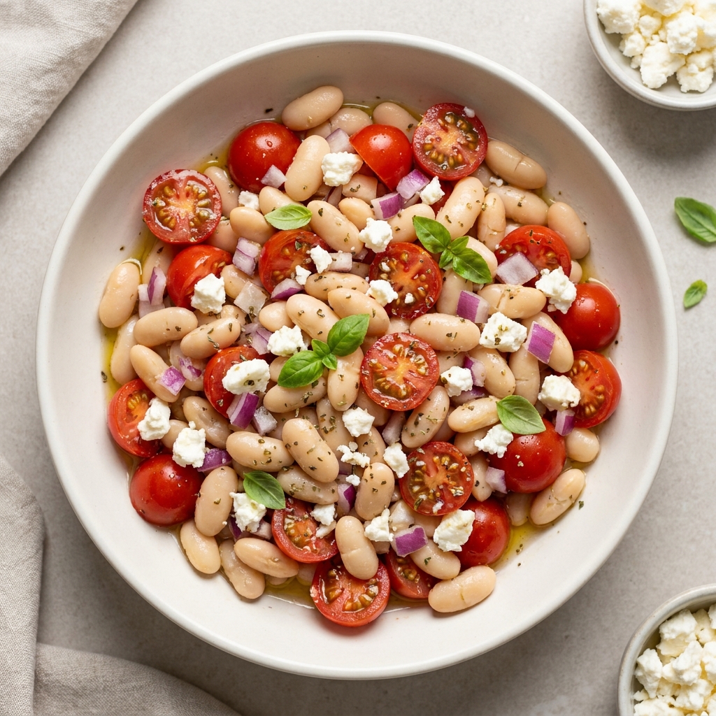 Mediterranean White Bean and Tomato Salad with Feta, prepared as a finished Lila recipe