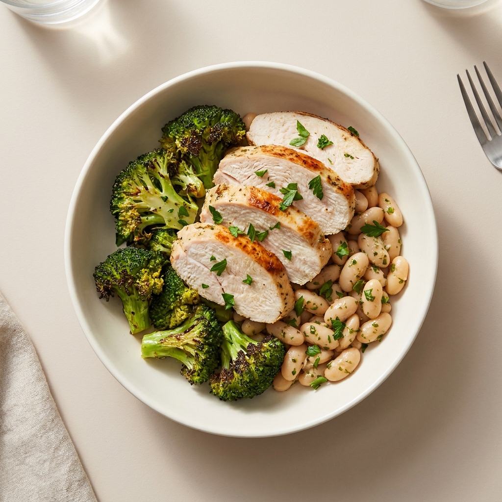 Herbed Turkey Breast and Roasted Broccoli Bowl, prepared as a finished Lila recipe