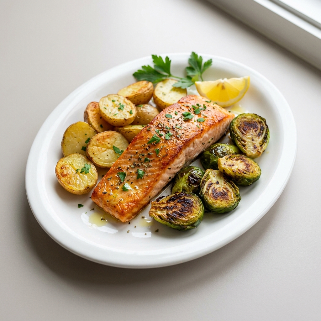 Lemon Herb Salmon with Roasted Potatoes and Brussels Sprouts, prepared as a finished Lila recipe