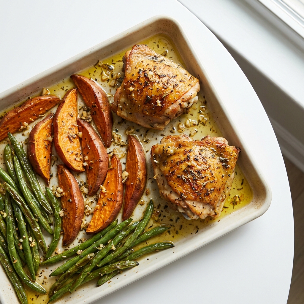 One Pan Herb Garlic Chicken Thighs With Sweet Potato and Green Beans, prepared as a finished Lila recipe