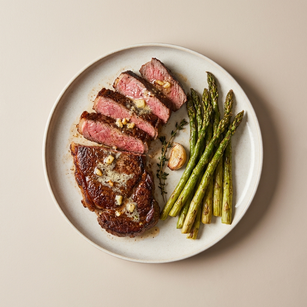 Pan Seared Garlic Butter Sirloin with Roasted Asparagus, prepared as a finished Lila recipe