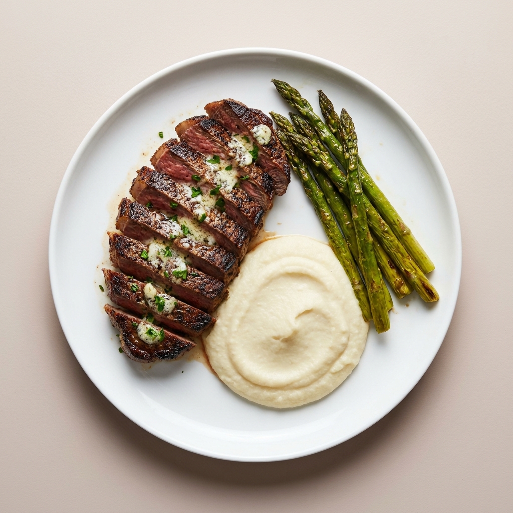 Garlic Butter Sirloin with Asparagus and Cauliflower Mash, prepared as a finished Lila recipe
