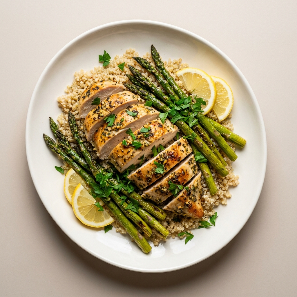 Lemon Herb Roasted Chicken with Asparagus and Quinoa, prepared as a finished Lila recipe
