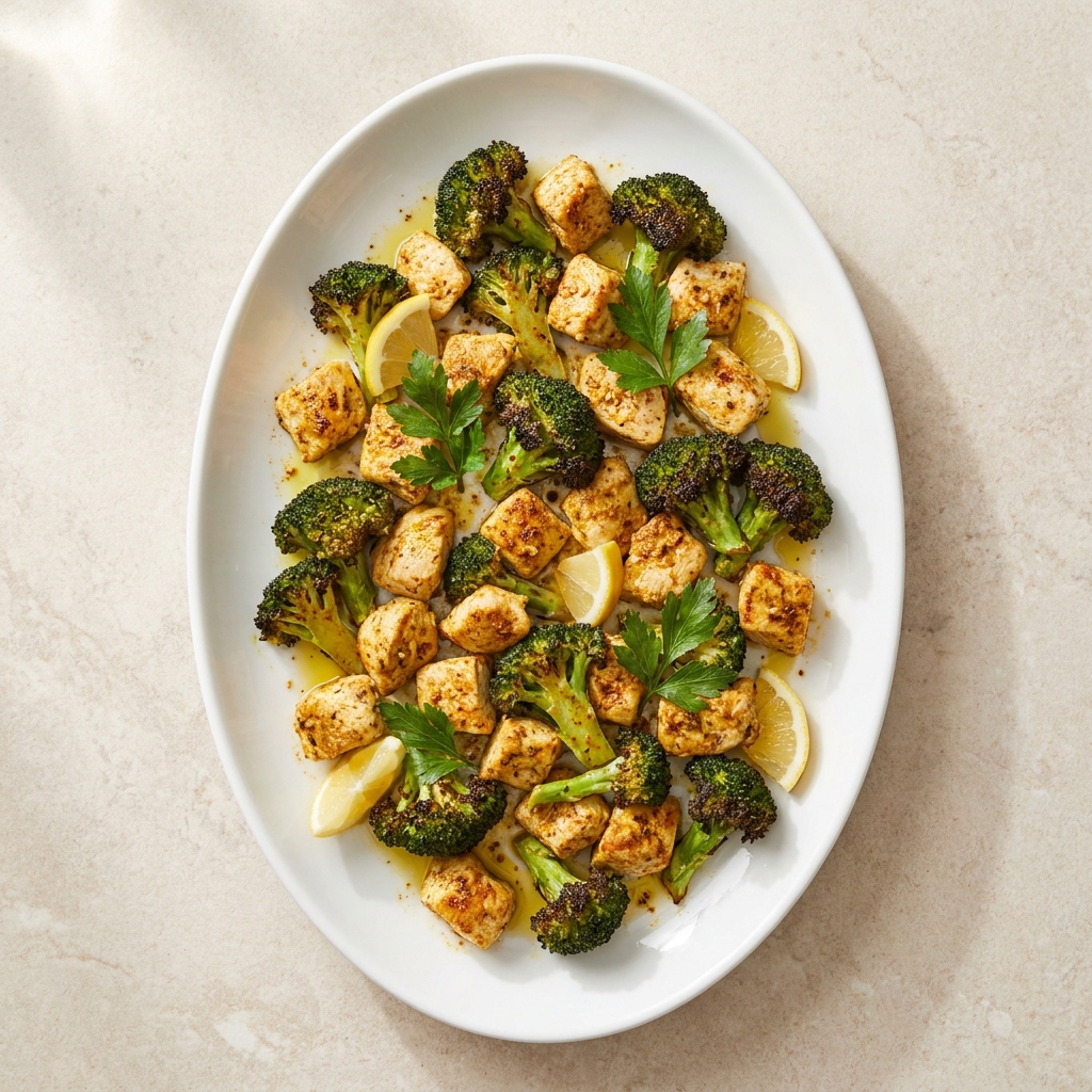 Garlic Roasted Chicken and Broccoli Sheet Pan, prepared as a finished Lila recipe