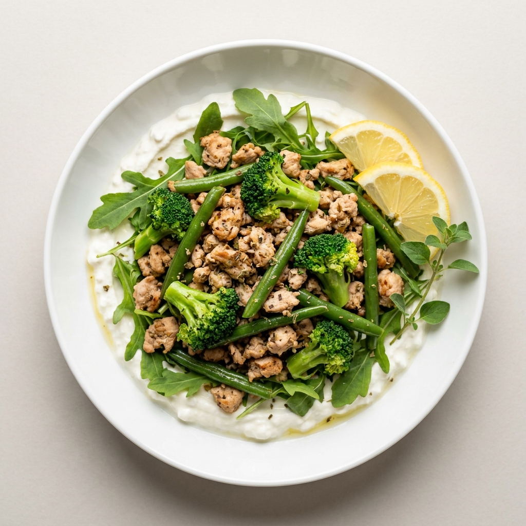 Lemon Herb Ground Chicken and Green Veggie Bowl with Whipped Cottage Cheese, prepared as a finished Lila recipe
