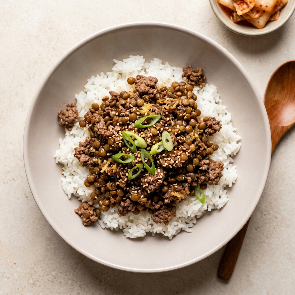 Korean Beef and Lentil Jasmine Rice Bowl, prepared as a finished Lila recipe
