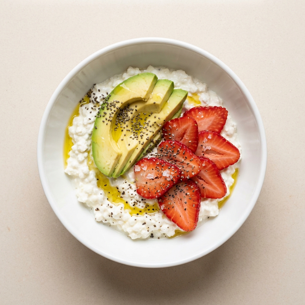 Creamy Strawberry Avocado Cottage Cheese Bowl, prepared as a finished Lila recipe