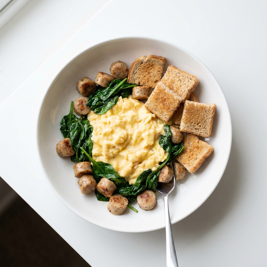 Soft Scrambled Eggs With Spinach And Chicken Sausage, prepared as a finished Lila recipe
