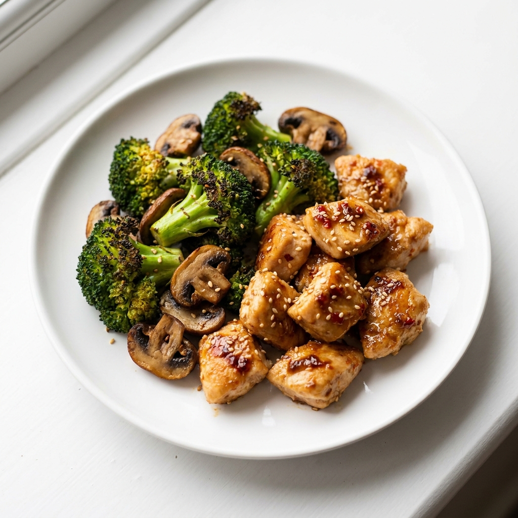 Air Fryer Crispy Garlic Chicken with Sesame Broccoli and Mushrooms, prepared as a finished Lila recipe