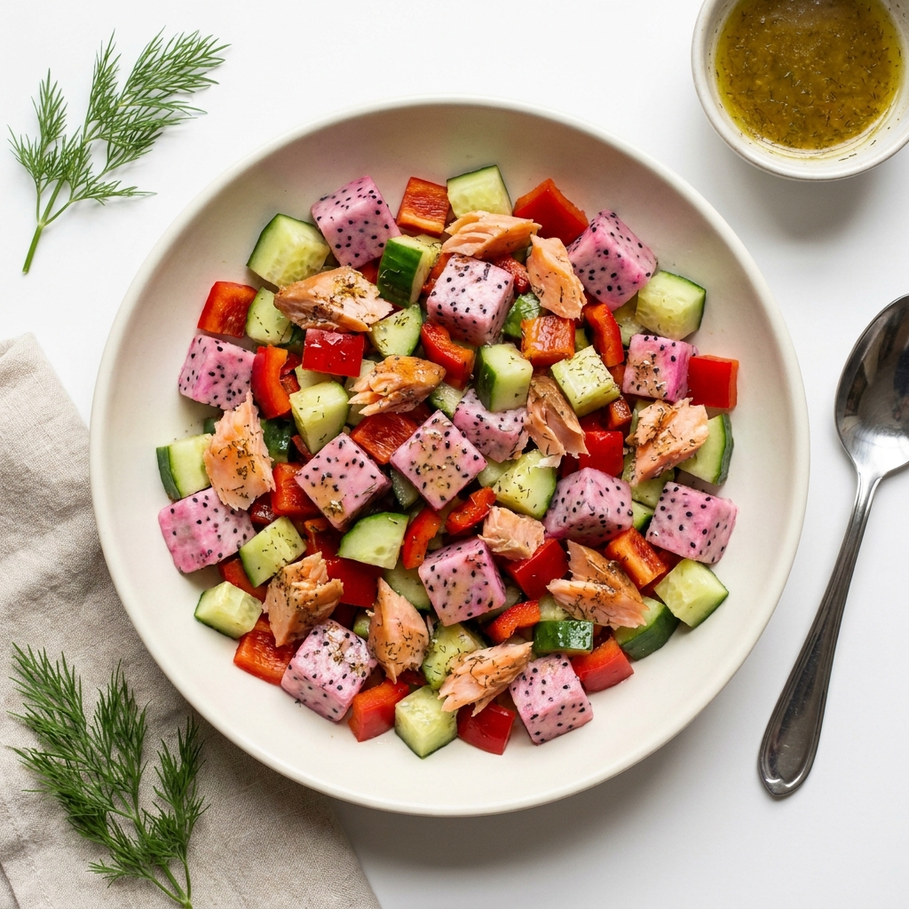 Smoked Salmon Cucumber And Dragon Fruit Salad, prepared as a finished Lila recipe