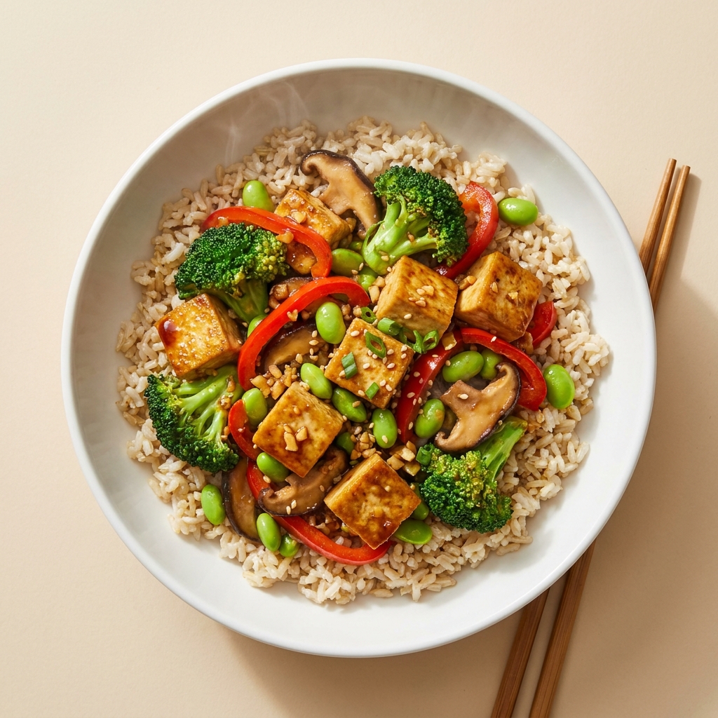 Savory Ginger Garlic Tofu and Edamame Stir-Fry, prepared as a finished Lila recipe