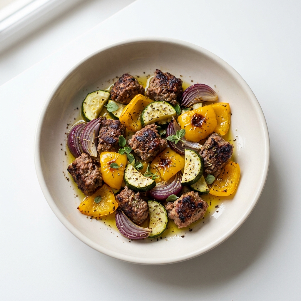 One-Tray Beef Burger And Veg Bake, prepared as a finished Lila recipe