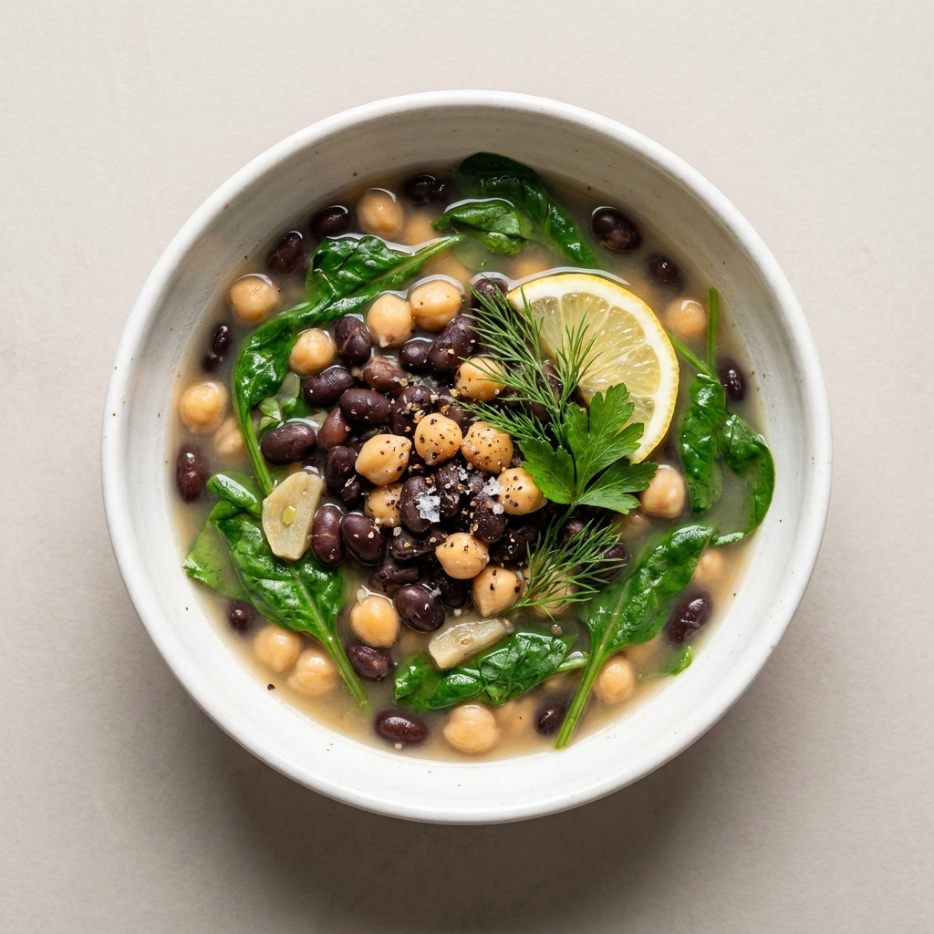 Lemon Herb Double Bean Stew with Tender Greens, prepared as a finished Lila recipe