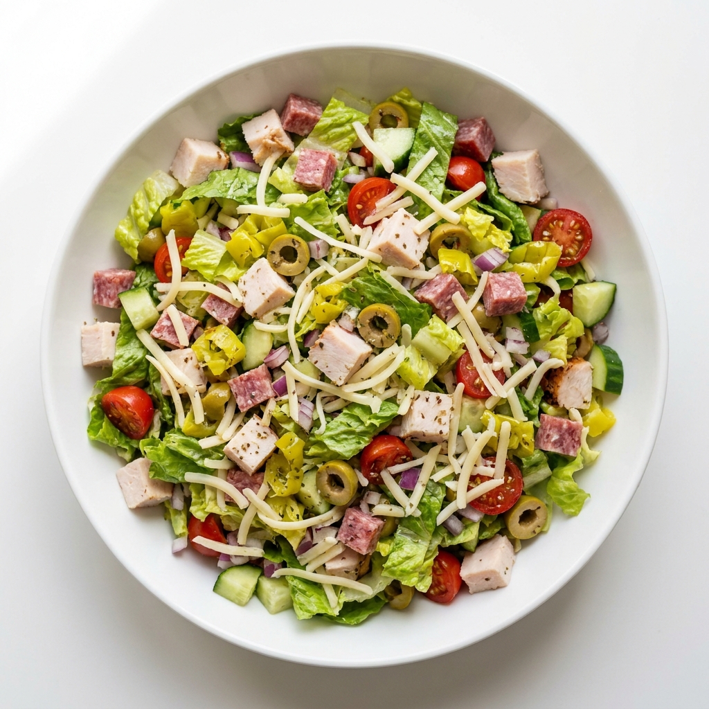 High Protein Italian Chopped Salad with Cheese, prepared as a finished Lila recipe