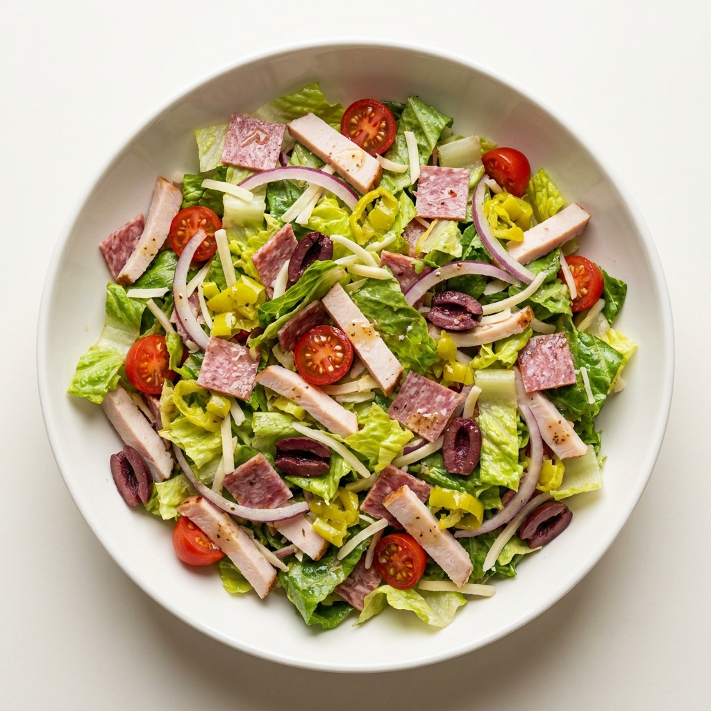 High Protein Italian Chopped Salad with Salami, prepared as a finished Lila recipe