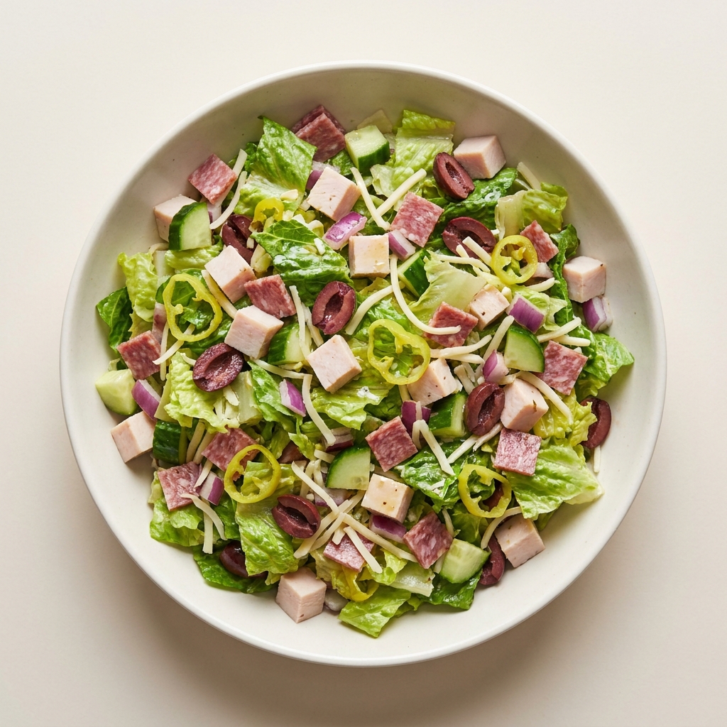 High Protein Italian Chopped Salad with Kalamata Olives, prepared as a finished Lila recipe