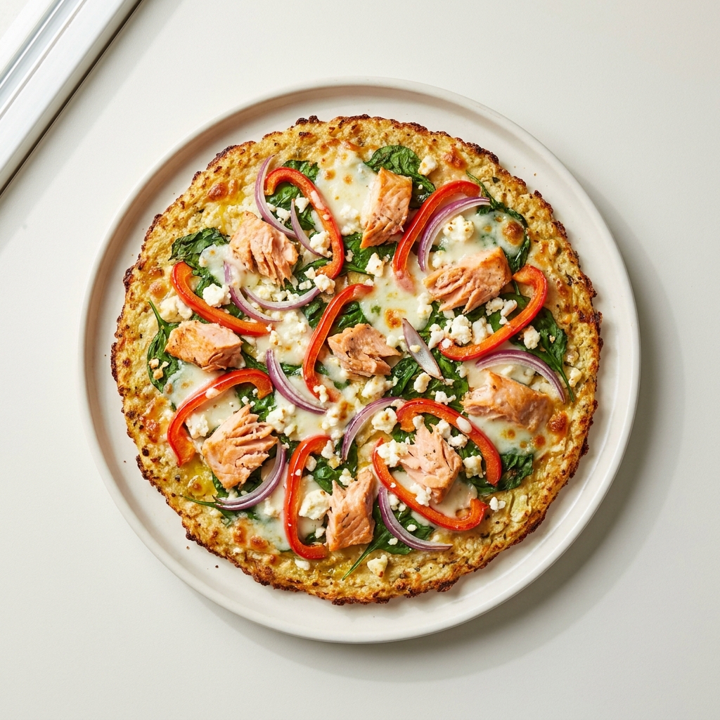 Mediterranean Cauliflower Pizza With Flaked Salmon, prepared as a finished Lila recipe