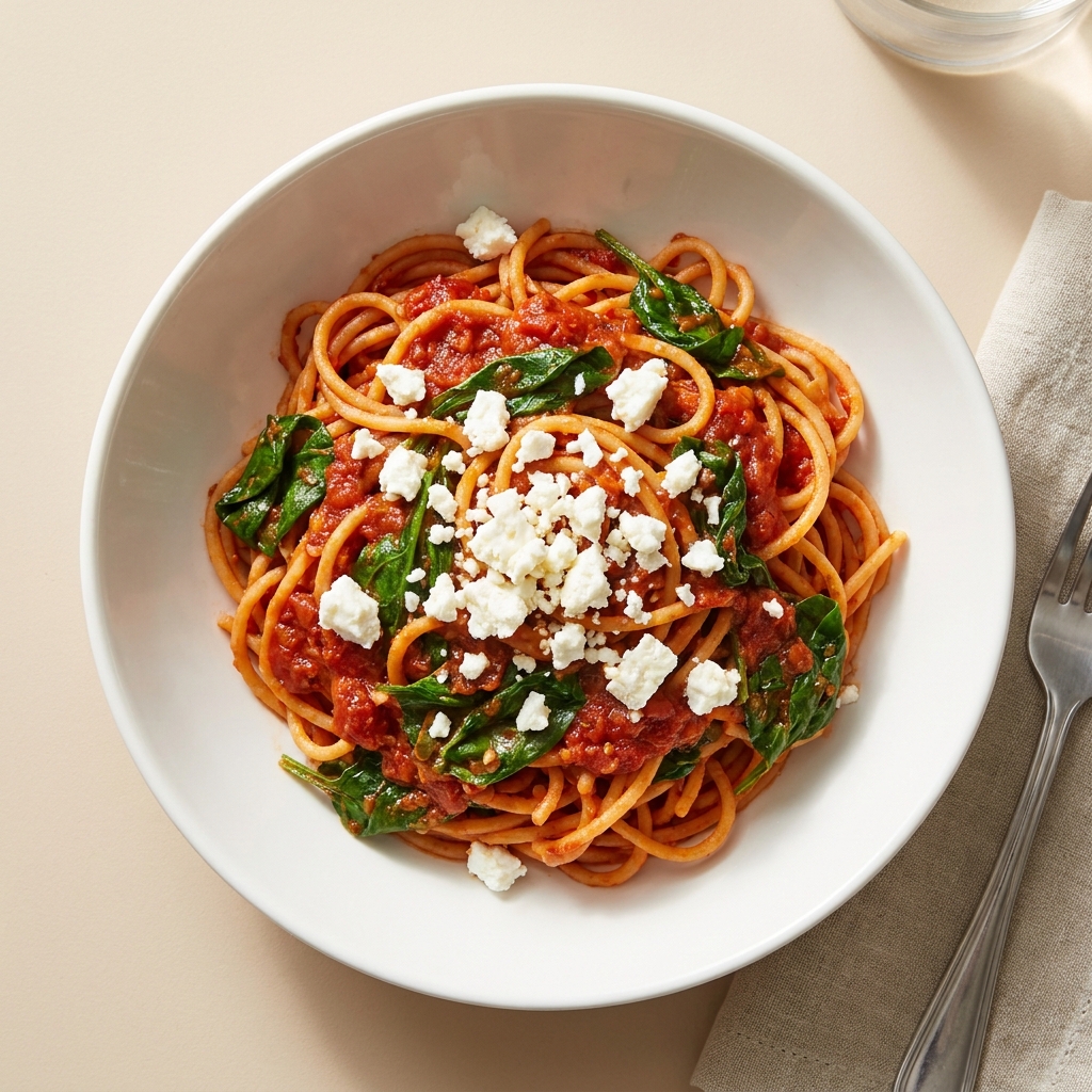 Lentil Pasta with Spinach and Creamy Feta, prepared as a finished Lila recipe