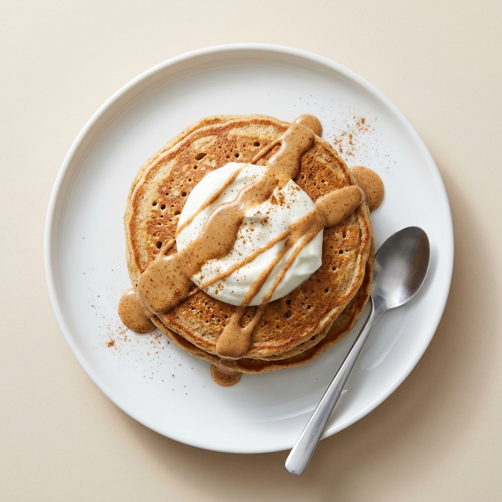 Cinnamon Oat Flour Protein Pancakes with Almond Butter, prepared as a finished Lila recipe