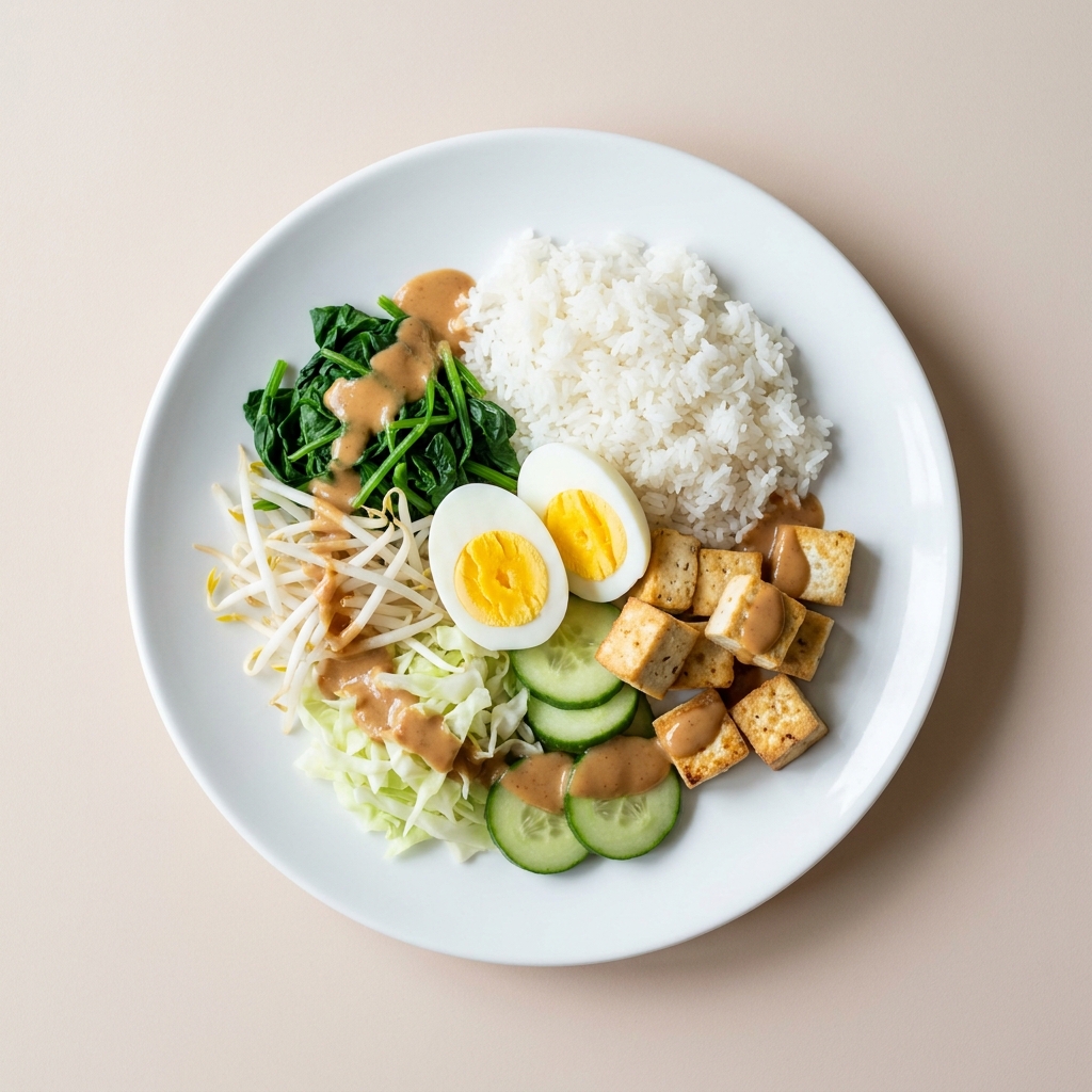 Gado Gado with Steamed Jasmine Rice and Hard Boiled Egg, prepared as a finished Lila recipe