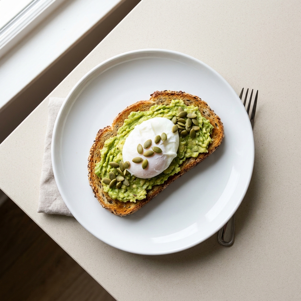 Creamy Avocado and Poached Egg Toast, prepared as a finished Lila recipe