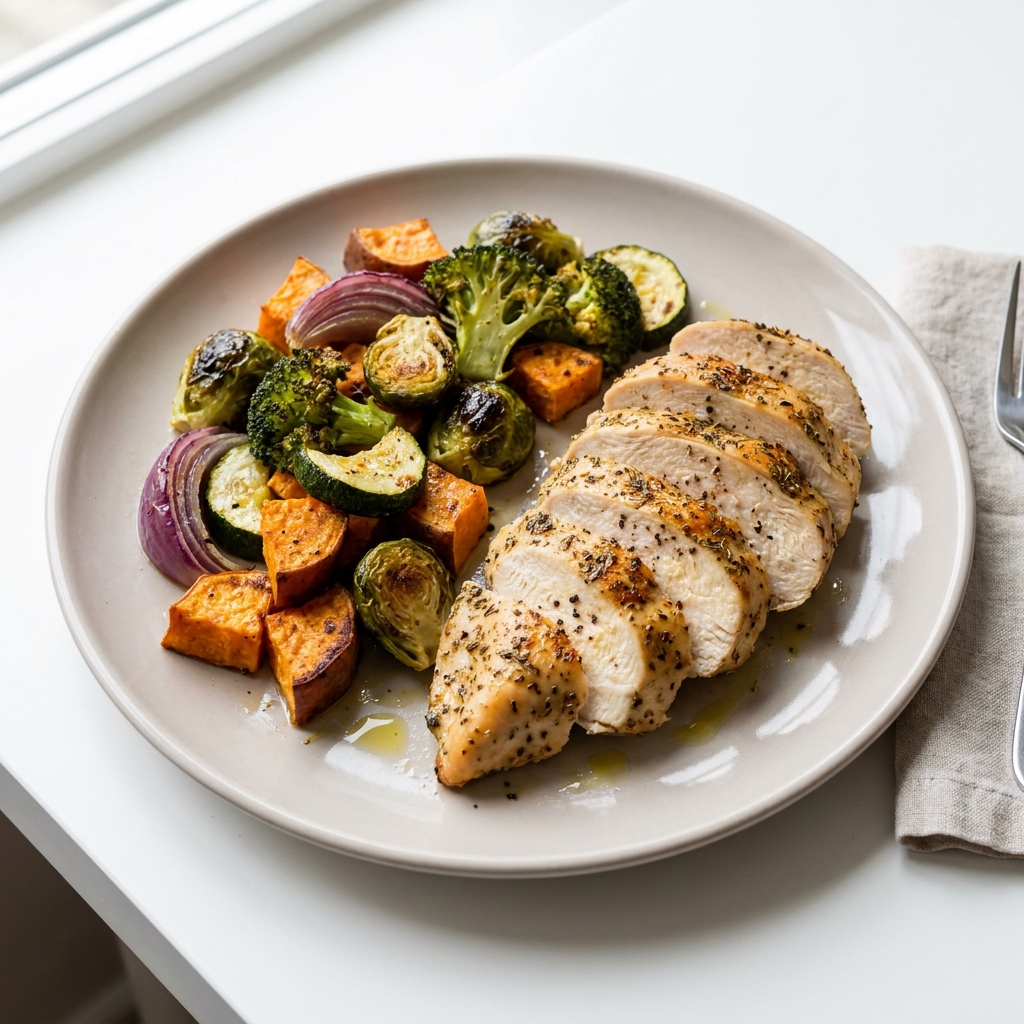 Sheet Pan Italian Herb Chicken and Roasted Harvest Vegetables, prepared as a finished Lila recipe