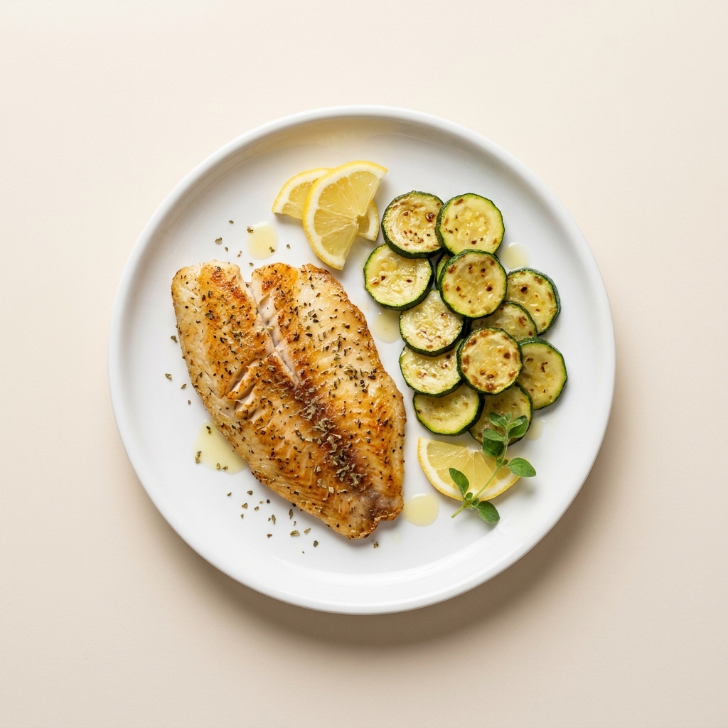 Lemon Herb Tilapia With Sautéed Zucchini, prepared as a finished Lila recipe