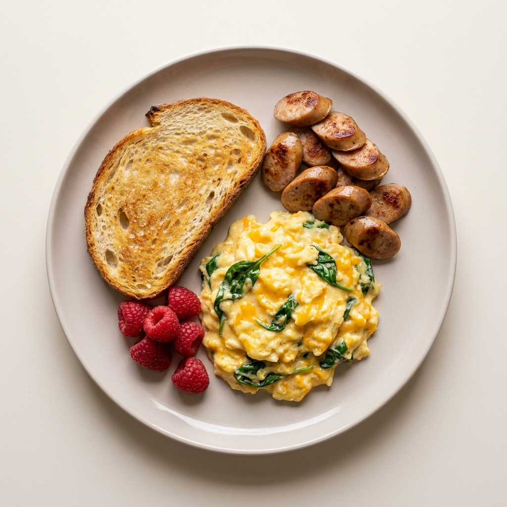 Gentle Sourdough Plate with Soft Scrambled Eggs, prepared as a finished Lila recipe