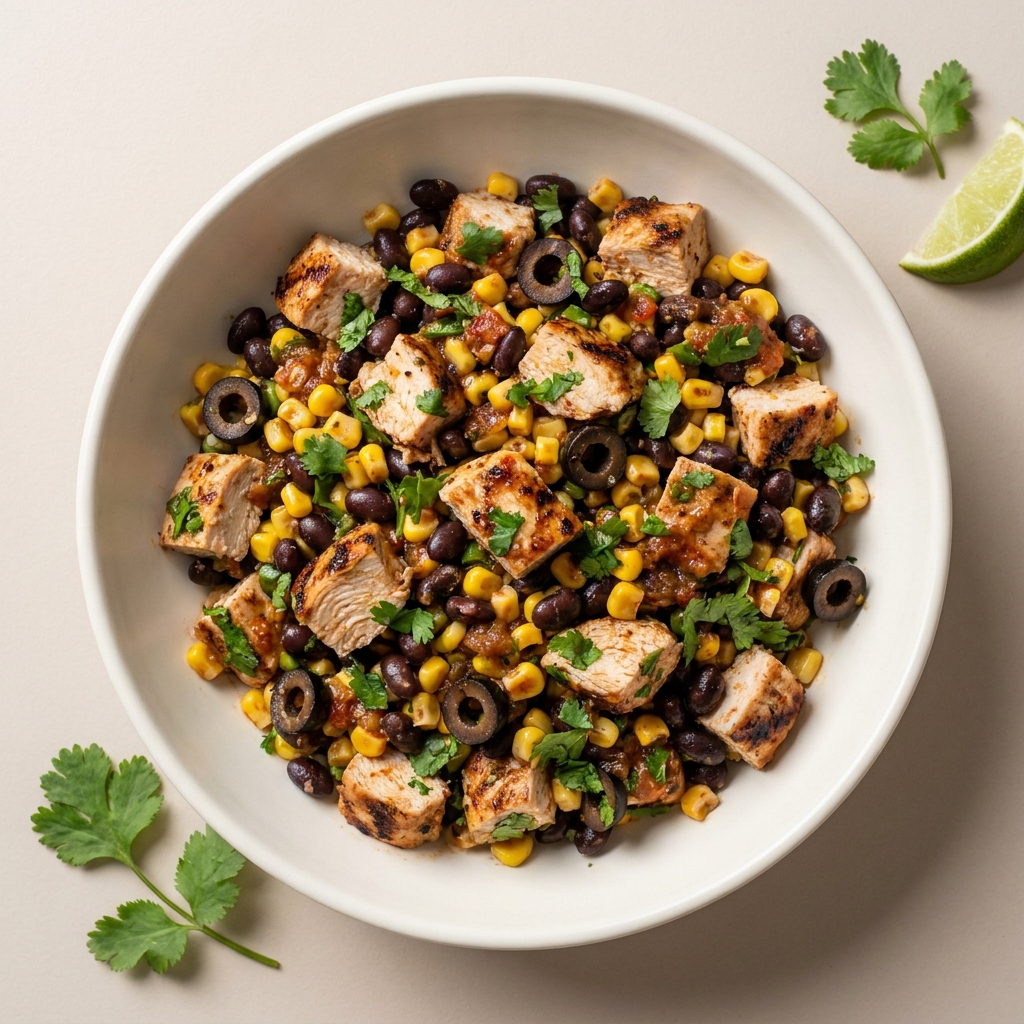 Lighter Southwest Chicken and Bean Salad, prepared as a finished Lila recipe