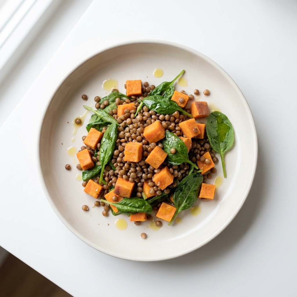 Warm Lentil and Sweet Potato Salad with Spinach, prepared as a finished Lila recipe