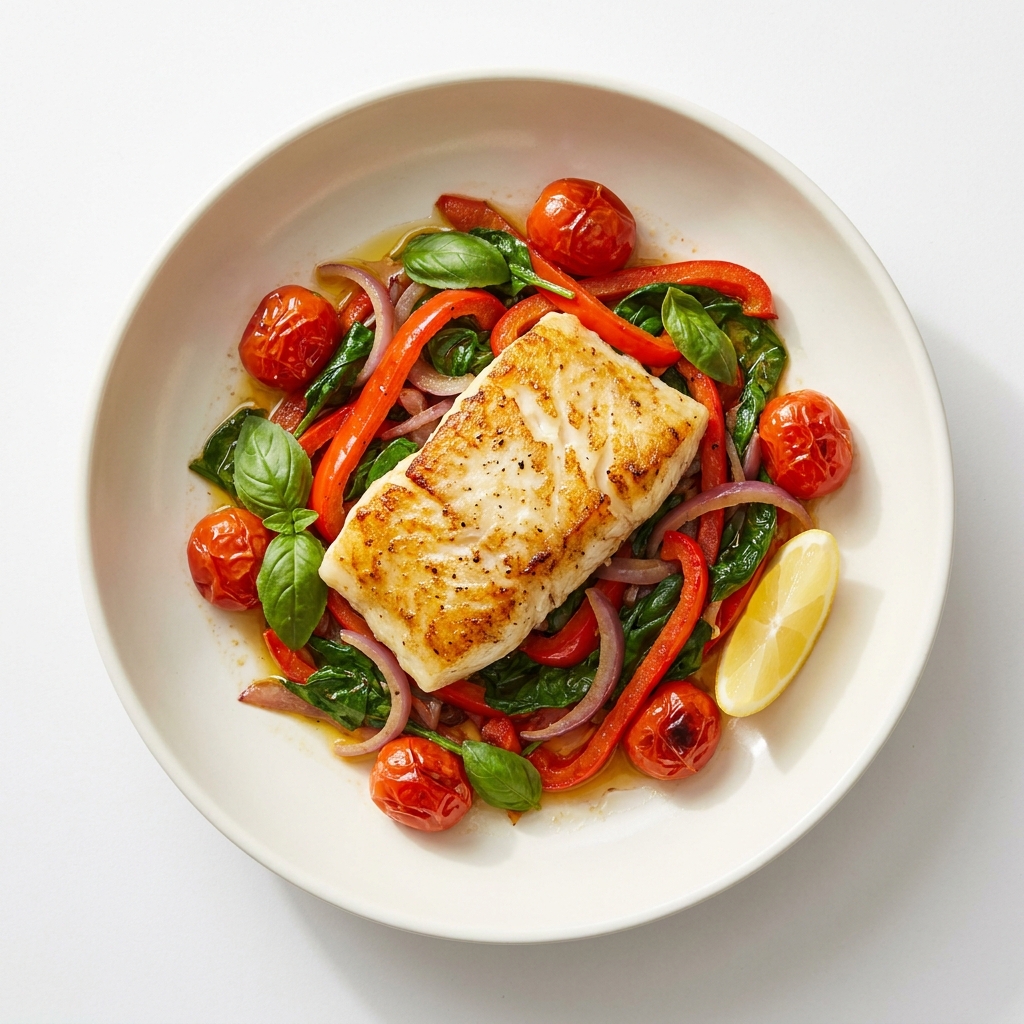 One-Pan Mediterranean Cod with Sweet Peppers and Spinach, prepared as a finished Lila recipe