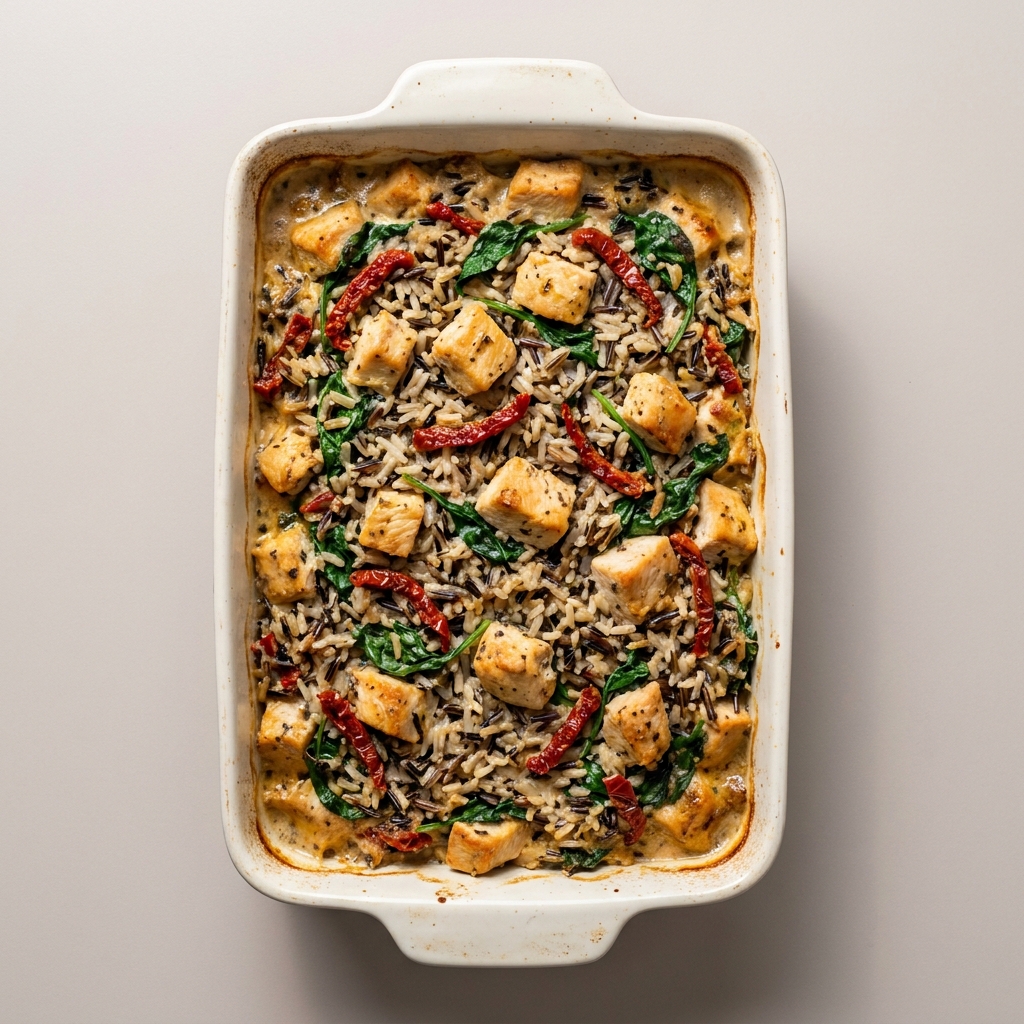 Creamy Tuscan Chicken and Wild Rice Casserole, prepared as a finished Lila recipe