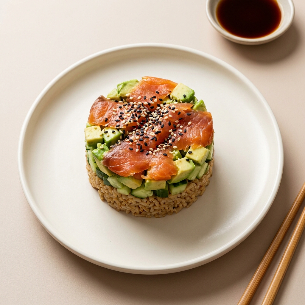 Smoked Salmon and Avocado Rice Stacks, prepared as a finished Lila recipe