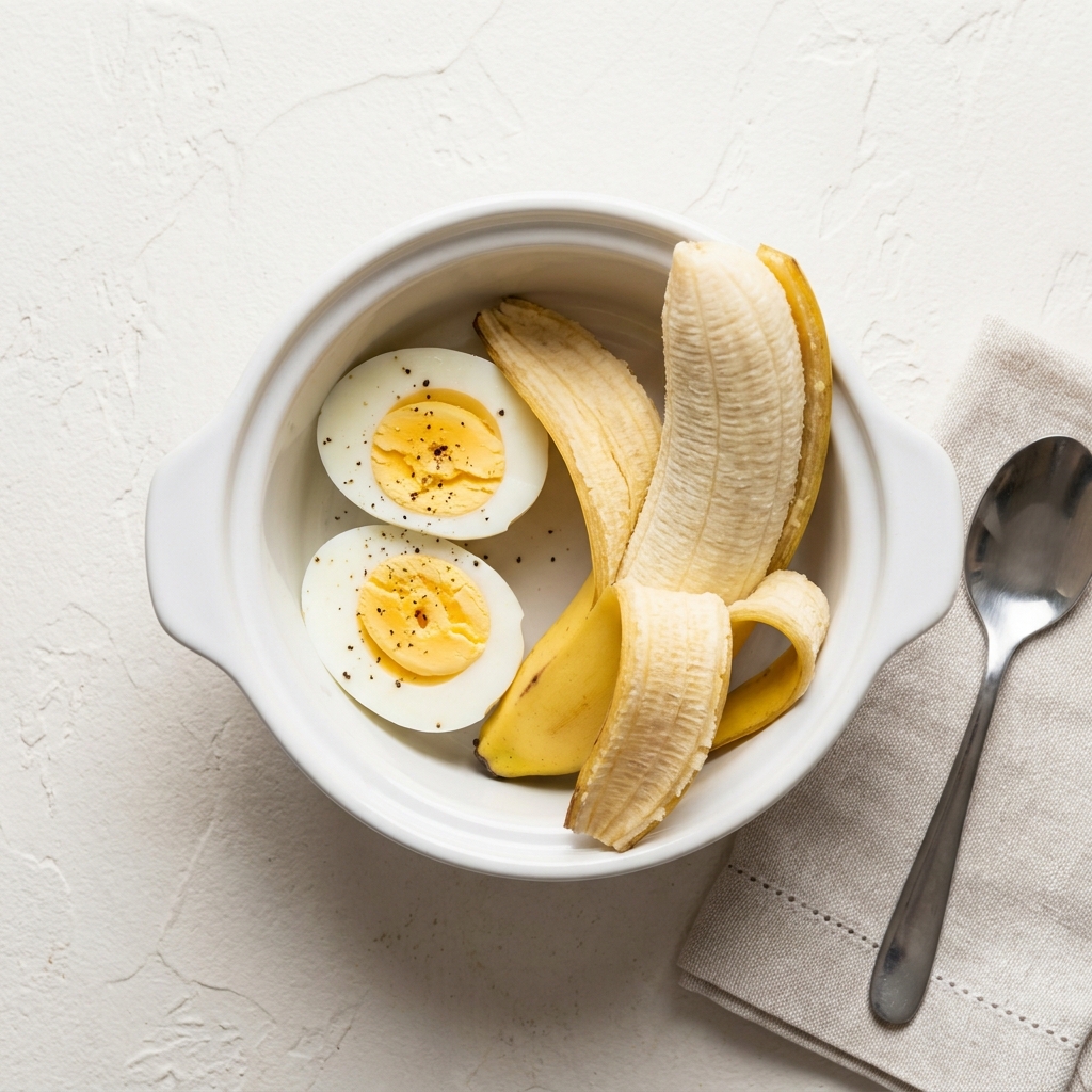 Hard Boiled Eggs and Banana Snack Pot, prepared as a finished Lila recipe