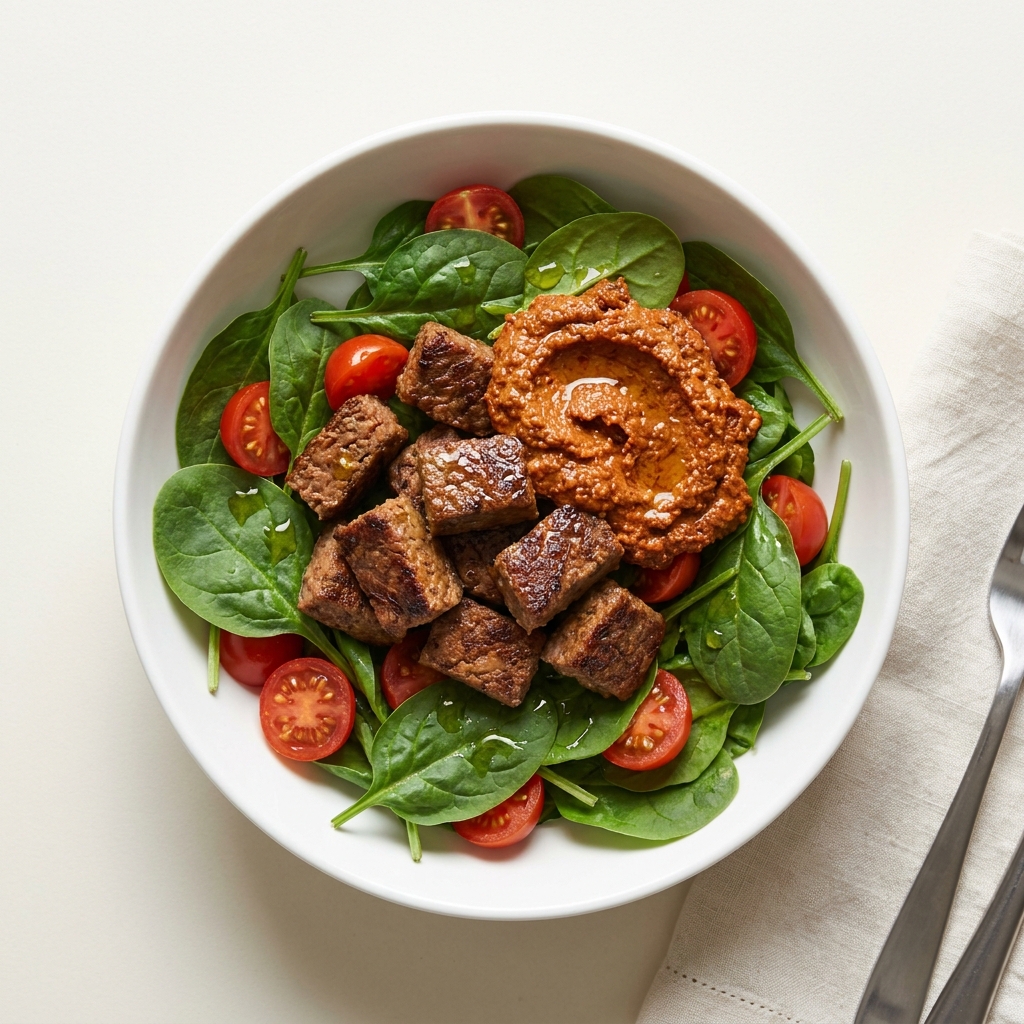 Beyond Meat Steak Lunch Bowl with Muhammara, prepared as a finished Lila recipe