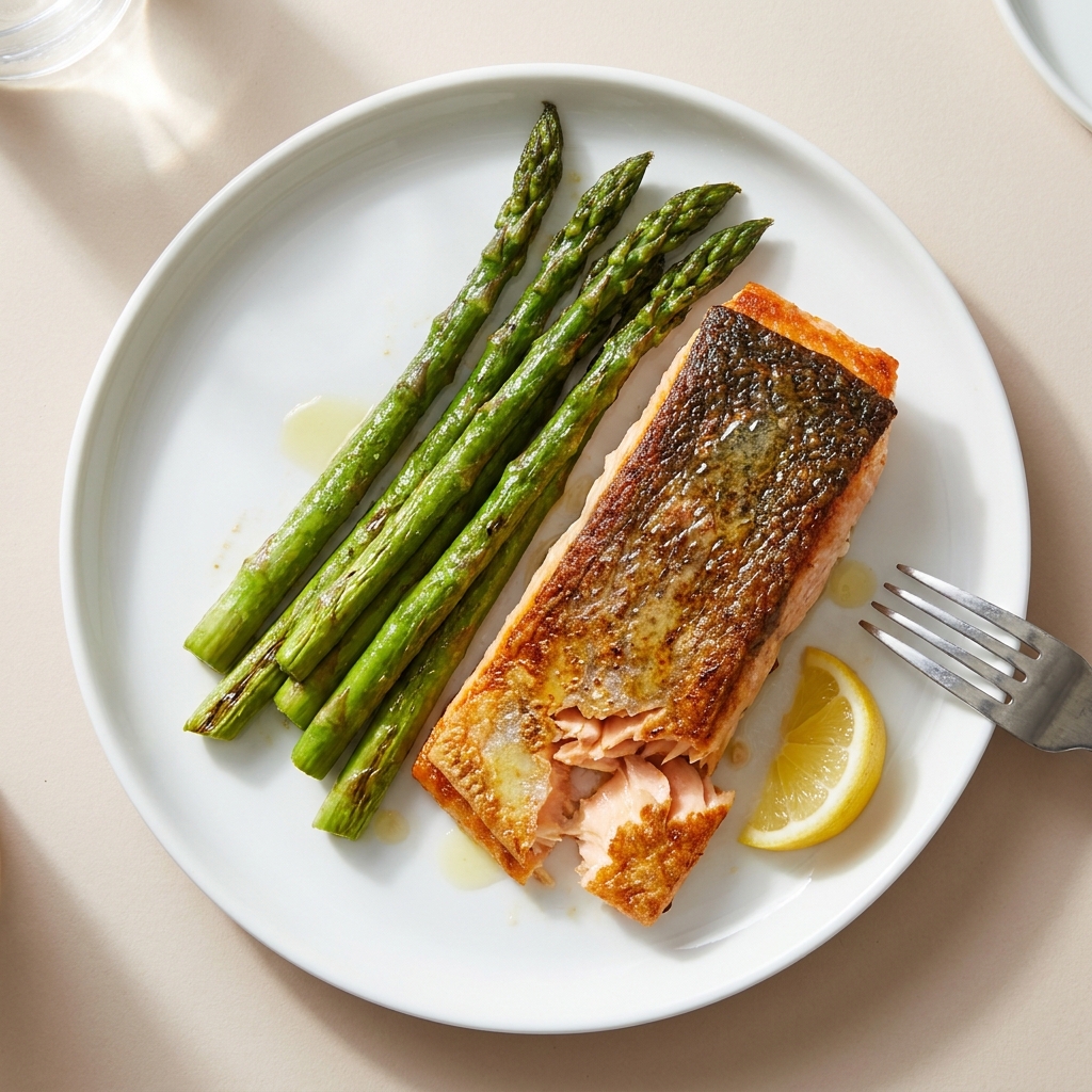 Crispy Pan Seared Salmon with Lemon Asparagus, prepared as a finished Lila recipe