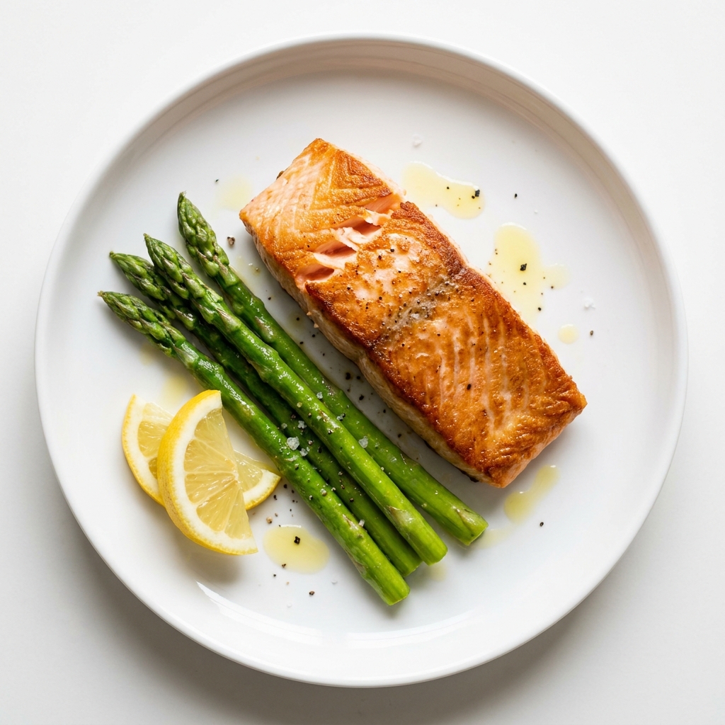 Crispy Pan Seared Salmon with Lemon Asparagus, prepared as a finished Lila recipe