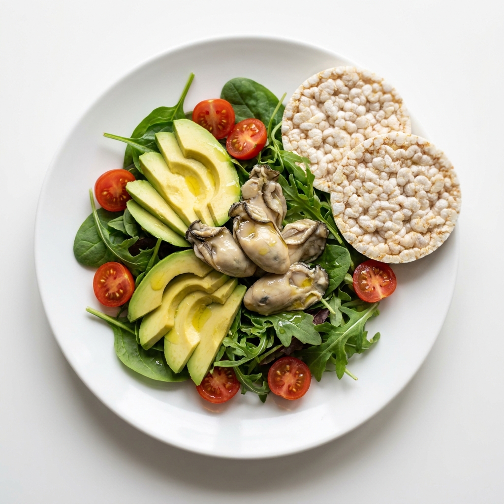 Oyster and Avocado Salad Plate, prepared as a finished Lila recipe