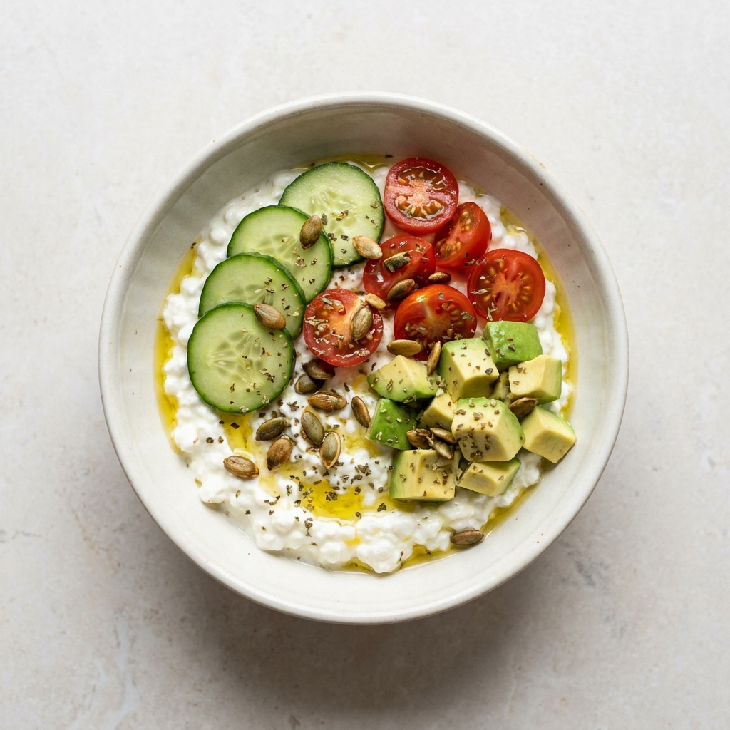 Savory Mediterranean Cottage Cheese Bowl, prepared as a finished Lila recipe