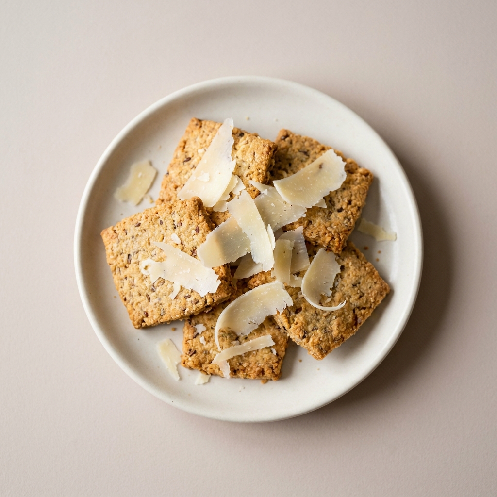 Almond Flour Crackers With Parmesan Shavings, prepared as a finished Lila recipe