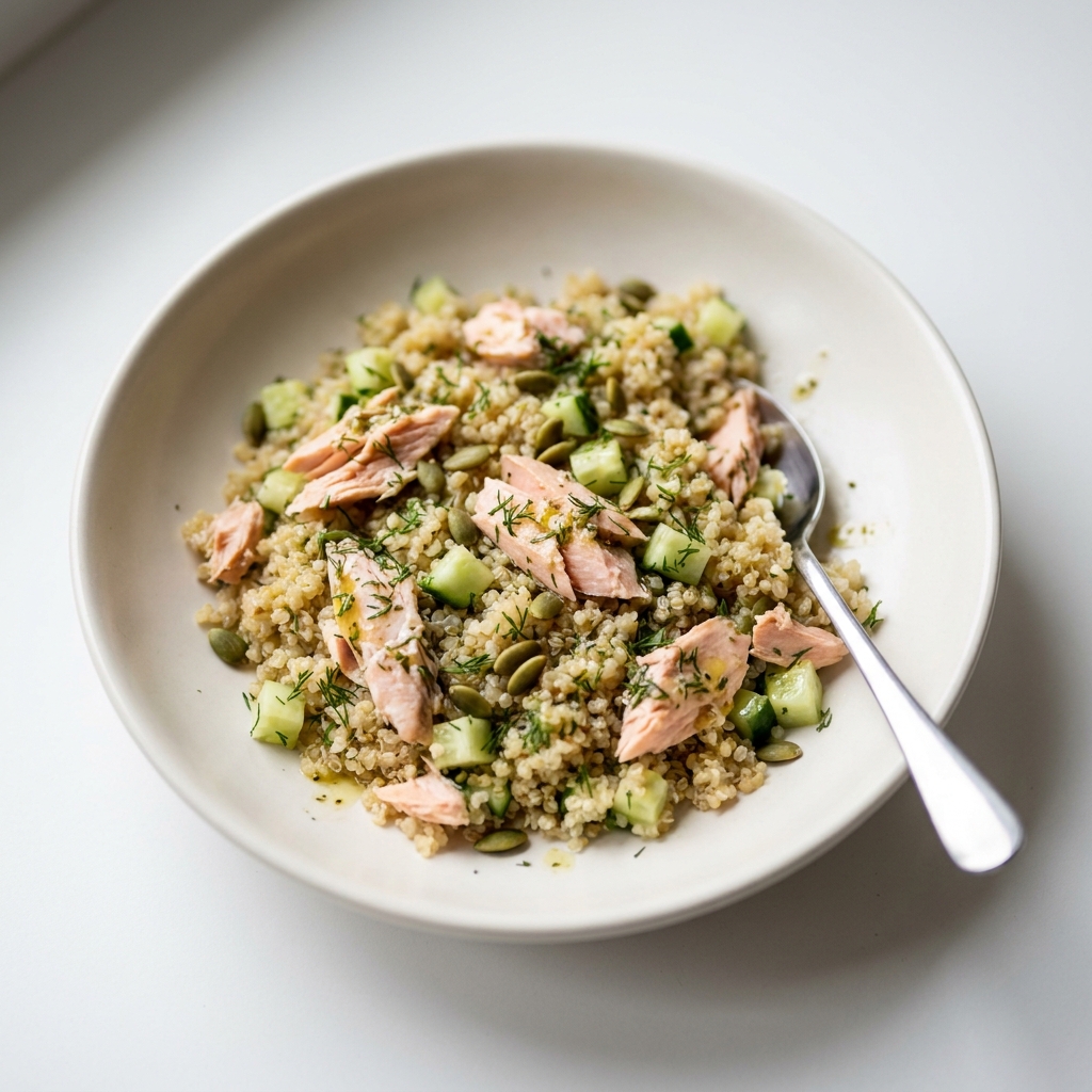 Lemon Herb Quinoa and Salmon Cold Salad Bowl, prepared as a finished Lila recipe