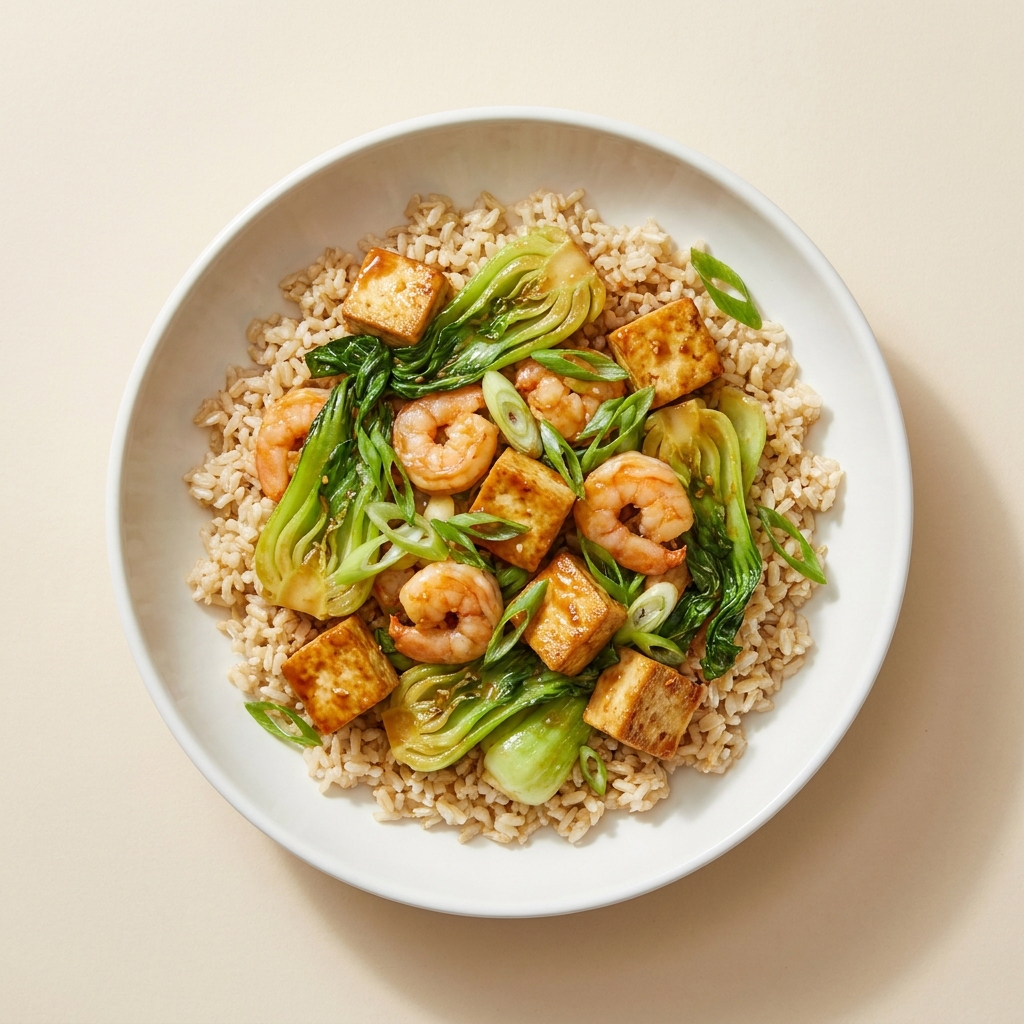 Ginger Sesame Shrimp and Tofu Stir Fry, prepared as a finished Lila recipe