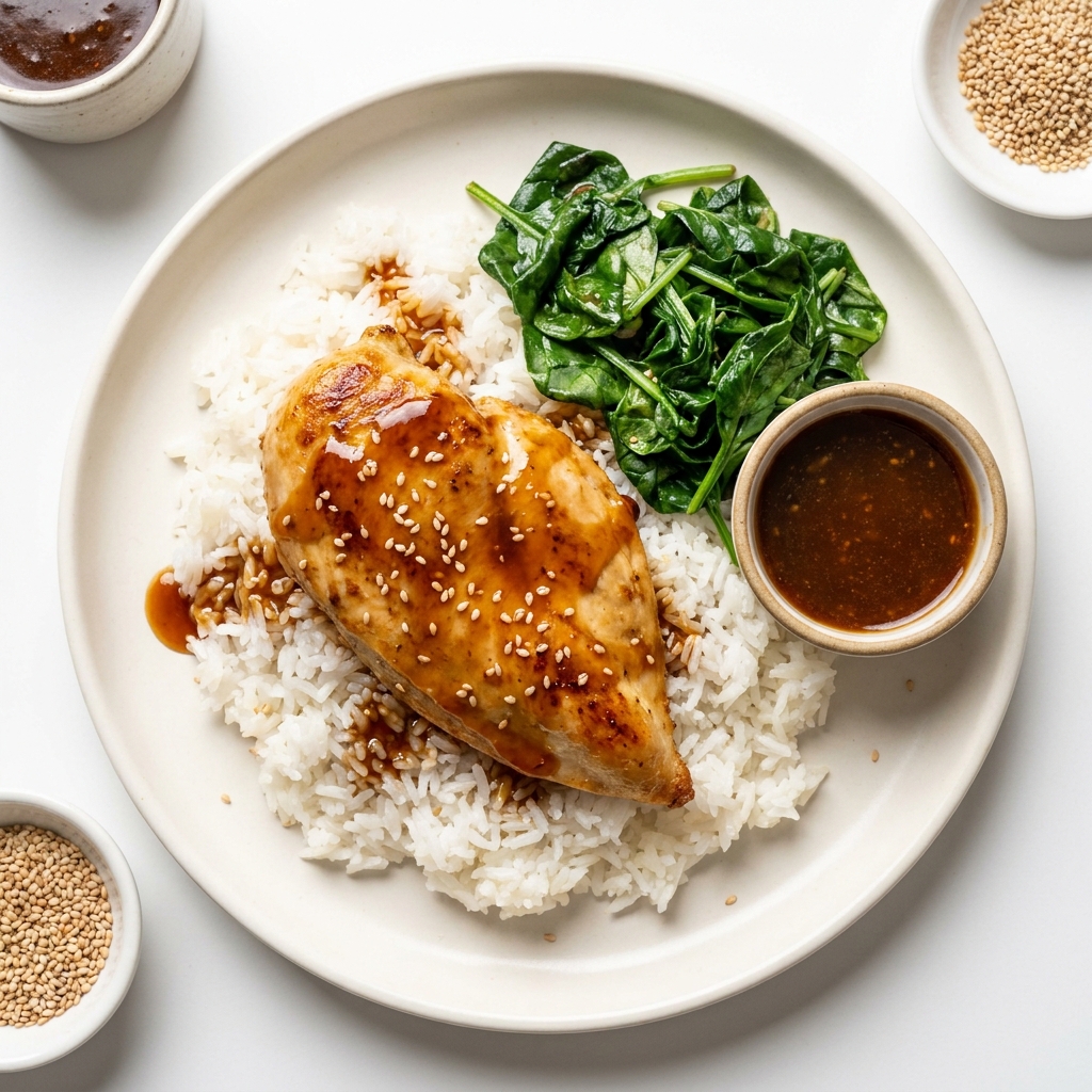 Ginger Soy Glazed Chicken Breast With Jasmine Rice And Spinach, prepared as a finished Lila recipe