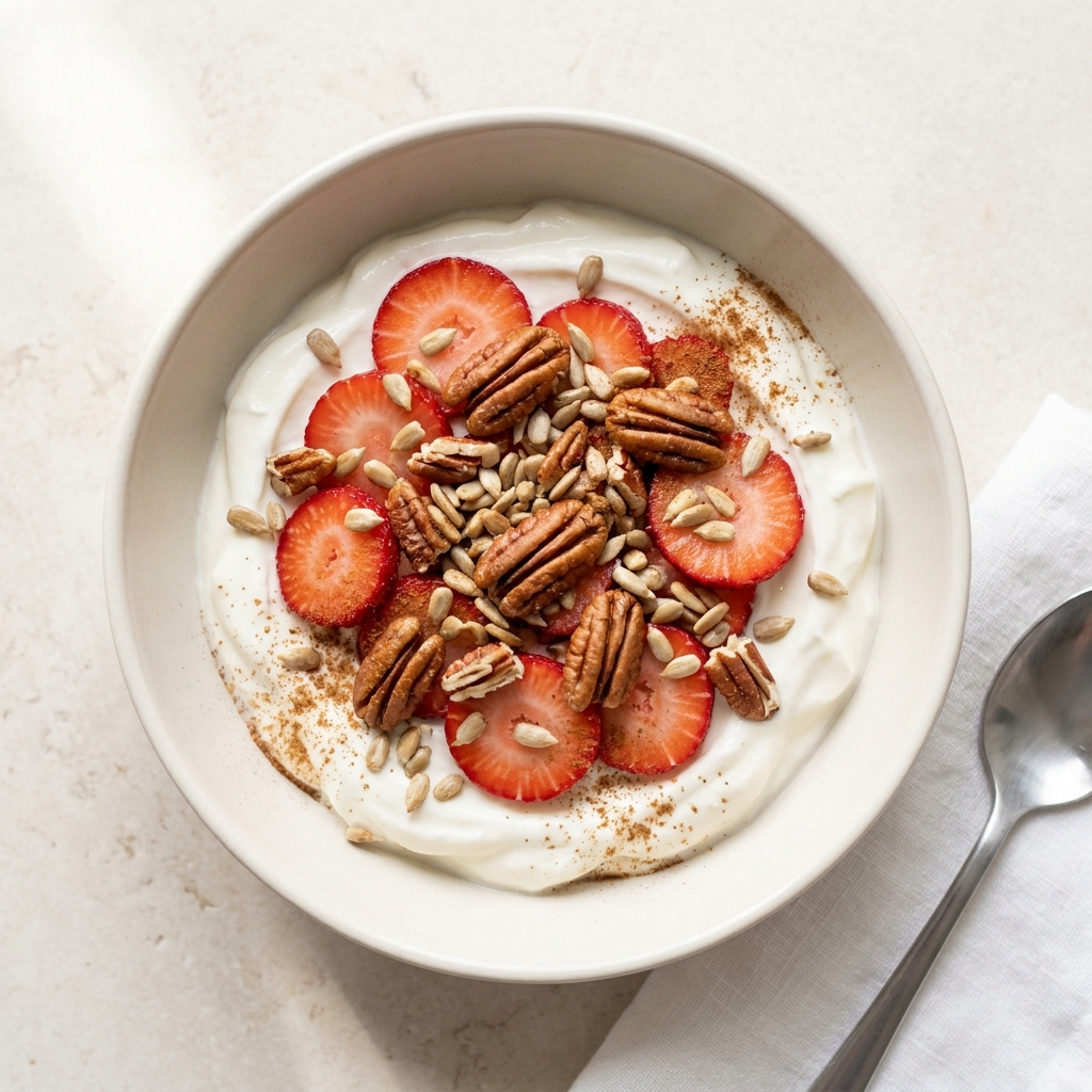 Toasted Pecan and Strawberry Yogurt Bowl, prepared as a finished Lila recipe