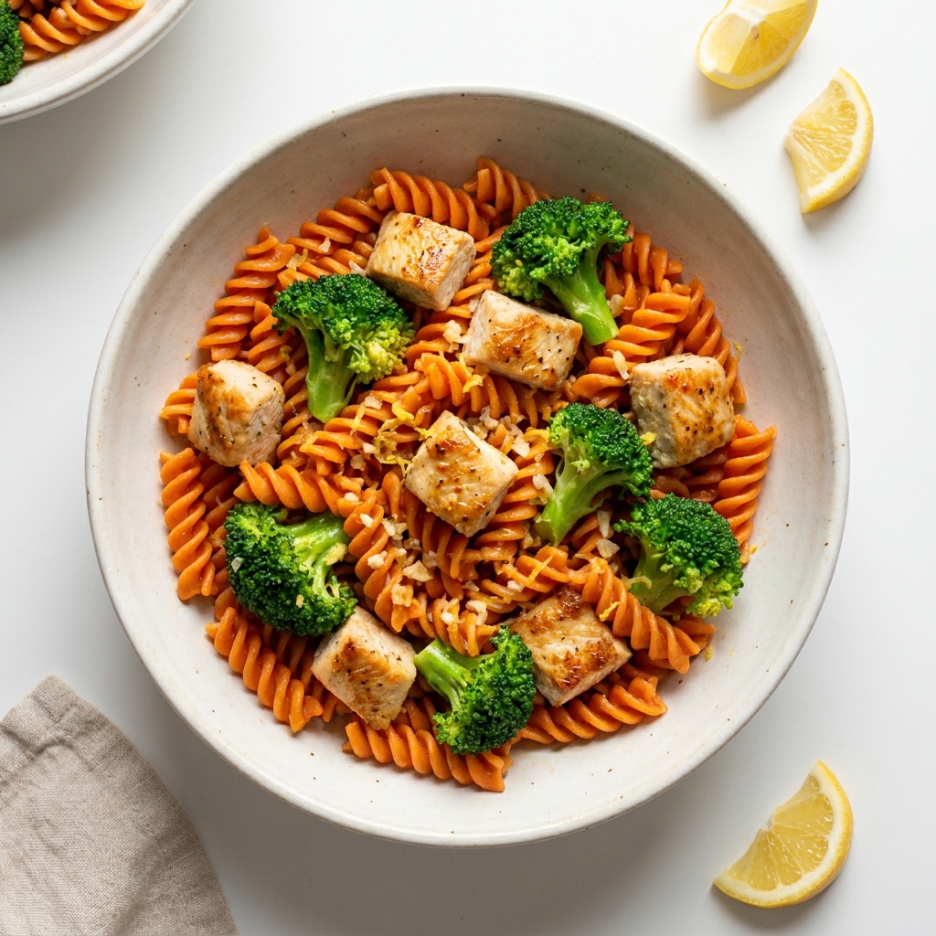 Lemon Garlic Chicken and Broccoli Red Lentil Pasta, prepared as a finished Lila recipe