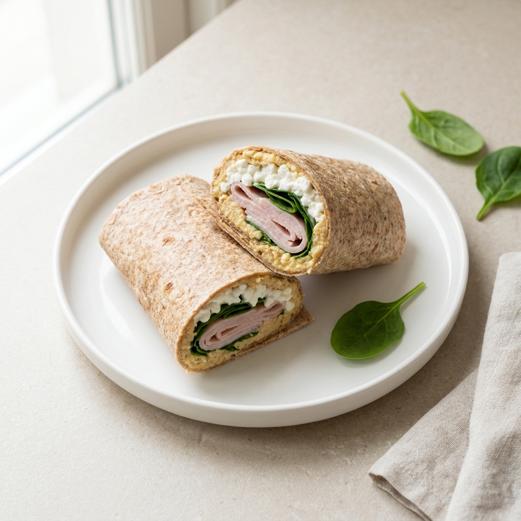 Quick Pork And Cottage Cheese Hummus Wrap, prepared as a finished Lila recipe