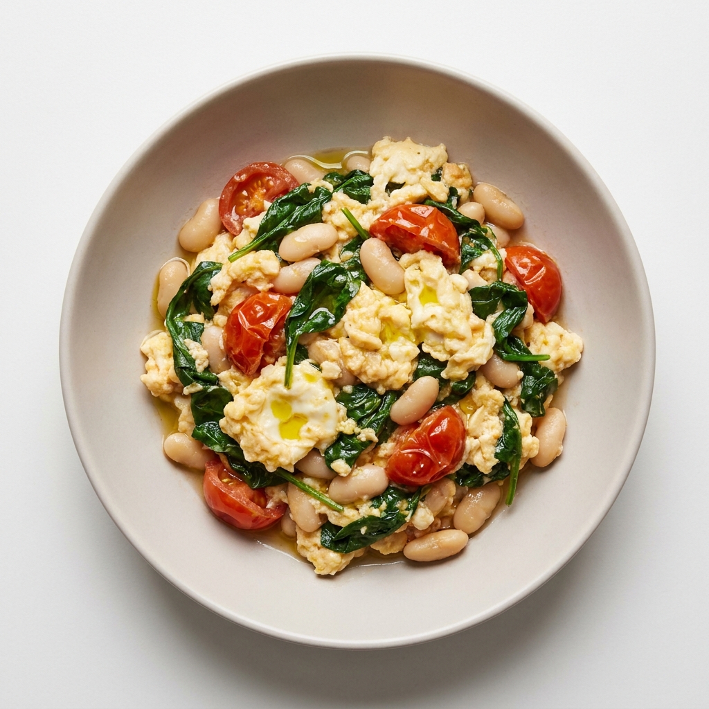 Spinach And Tomato Egg Scramble With White Beans, prepared as a finished Lila recipe